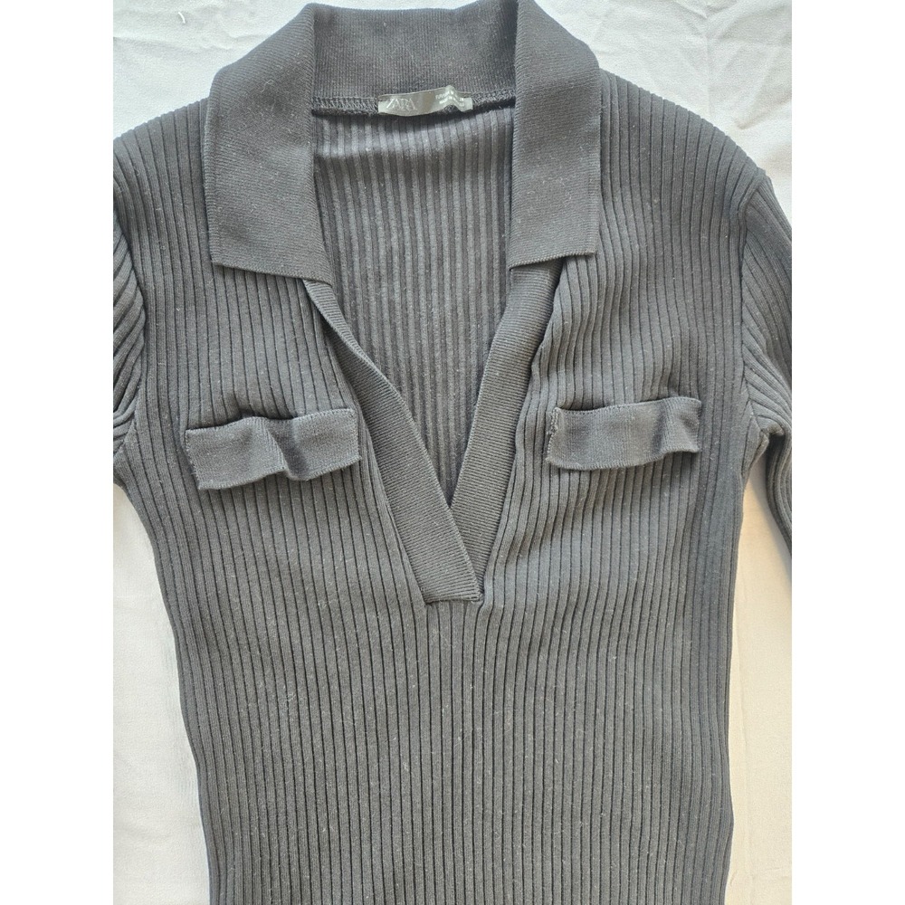 Zara Ribbed Collared Sweater V-Neck Cotton Front Fake Pockets Black Quiet Luxury - Picture 3 of 16